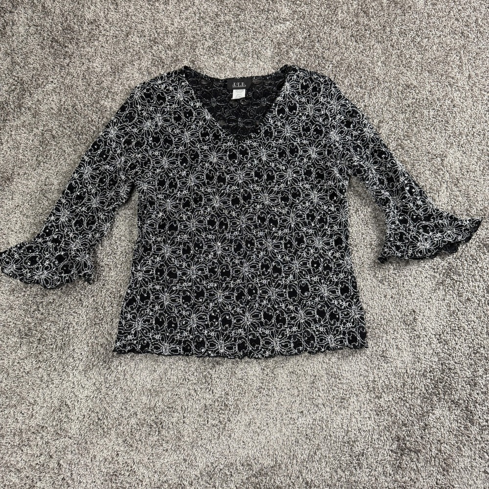 Y2K Black Silver Metallic Lace Sequin Top Womens Large Witchy Goth Whimsigoth